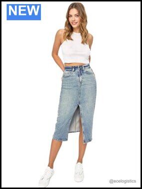 High Rise Long Denim Jean Skirt with Front Slit Stretchy Bodycon